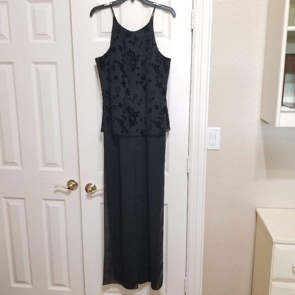 ❤️ Women's Onyx Nite Black Floral Metallic Spaghetti Strap Scoop Neck Pant Dress